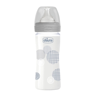 Chicco 舒適哺乳-防脹氣玻璃奶瓶 240ml(小單孔)-自然率性